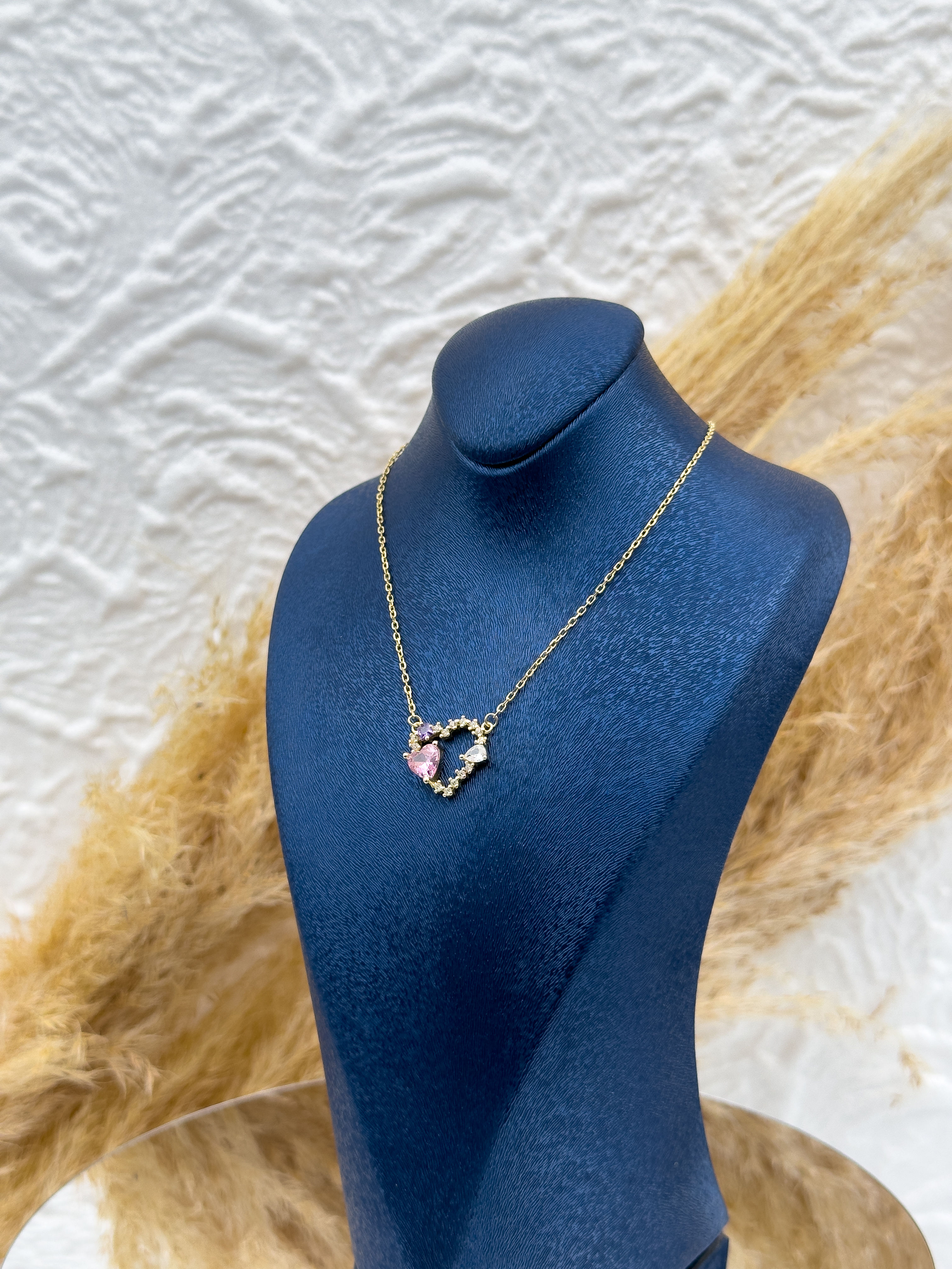 925 Ayar Gümüş Gold Renk Pembe Kuvars Taşlı Kalpli Kadın Kolye – Özel Tasarım Hediyelik